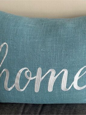 3/$10 Embroidered Teal Accent Pillow with White 'home' Script